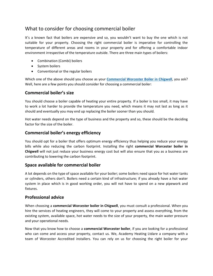 what to consider for choosing commercial boiler