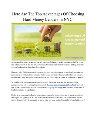 Advantages Of Choosing Hard Money Lenders In New York | RCD Capital
