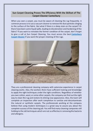 Sun Carpet Cleaning Proves The Efficiency With the Skillset of The Carpet Cleaner Canterbury