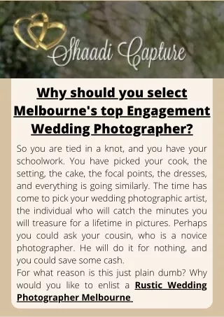 Why should you select Melbourne's top Engagement Wedding Photographer