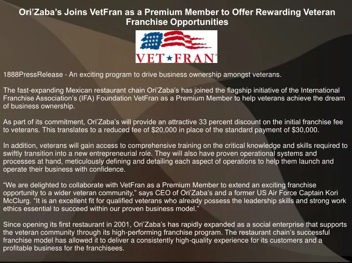 ori zaba s joins vetfran as a premium member