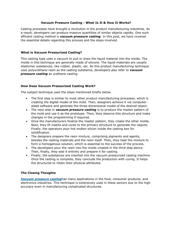 vacuum pressure casting what is it how it works