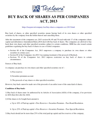 buy back of shares as per companies act 2013