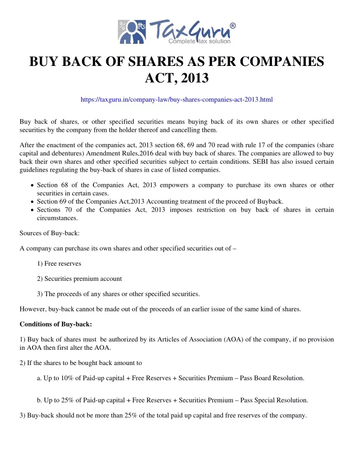 buy back of shares as per companies act 2013