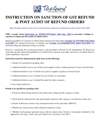 instruction on sanction of gst refund post audit