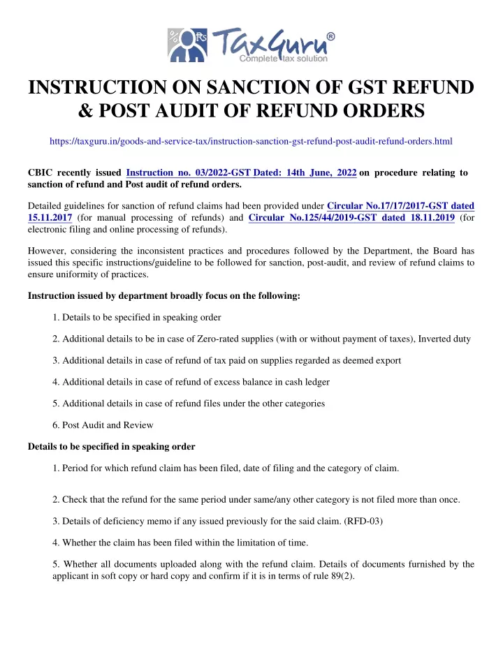 instruction on sanction of gst refund post audit