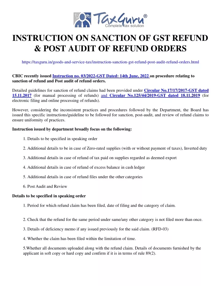 instruction on sanction of gst refund post audit of refund orders