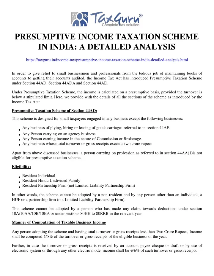 presumptive income taxation scheme in india a detailed analysis