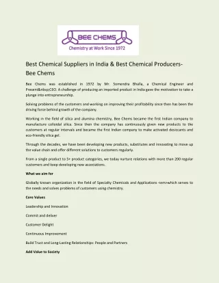 Best Chemical Suppliers in India - Bee Chems