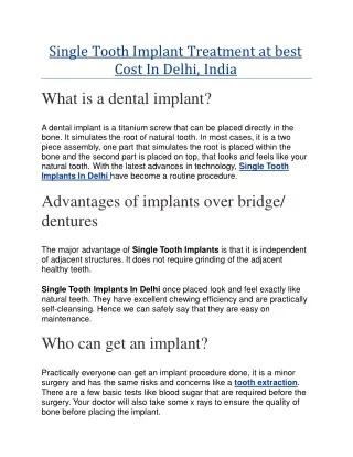 Single Tooth Implant Treatment at best Cost In Delhi = Crownandroots