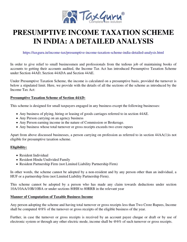 presumptive income taxation scheme in india