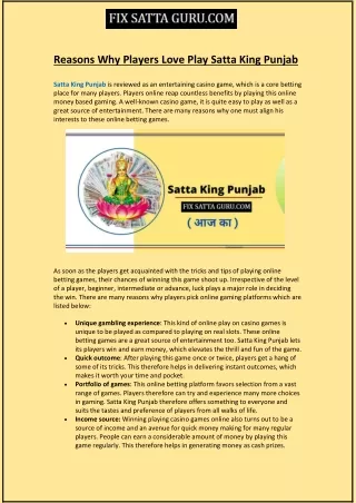 Reasons Why Players Love Play Satta King Punjab