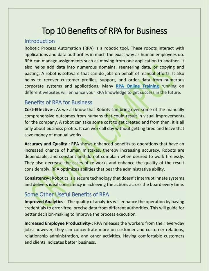 top 10 benefits of rpa for business