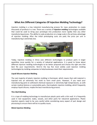 What Are Different Categories Of Injection Molding Technology?