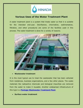 Various Uses of the Water Treatment Plant