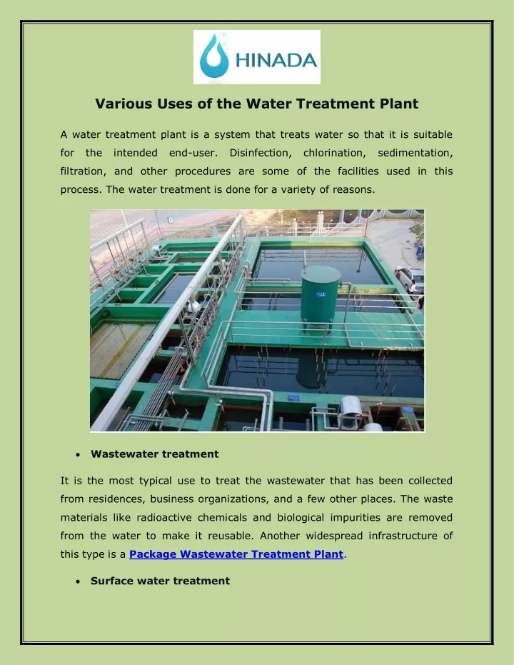 various uses of the water treatment plant