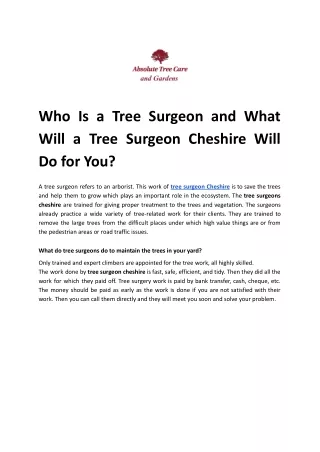 Who Is a Tree Surgeon and What Will a Tree Surgeon Cheshire Will Do for You?