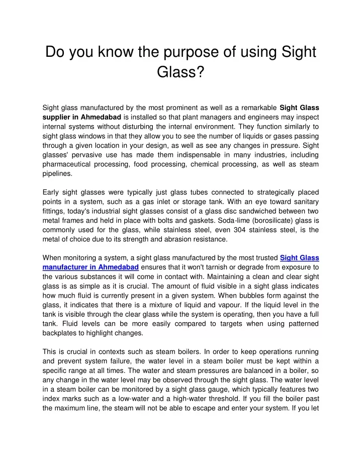 do you know the purpose of using sight glass