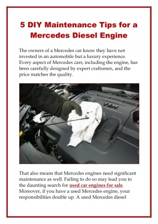 DIY Maintenance Tips for a Mercedes Diesel Engine