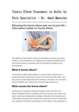 Tennis Elbow Treatment in Delhi by Pain Specialist - Dr. Amod Manocha