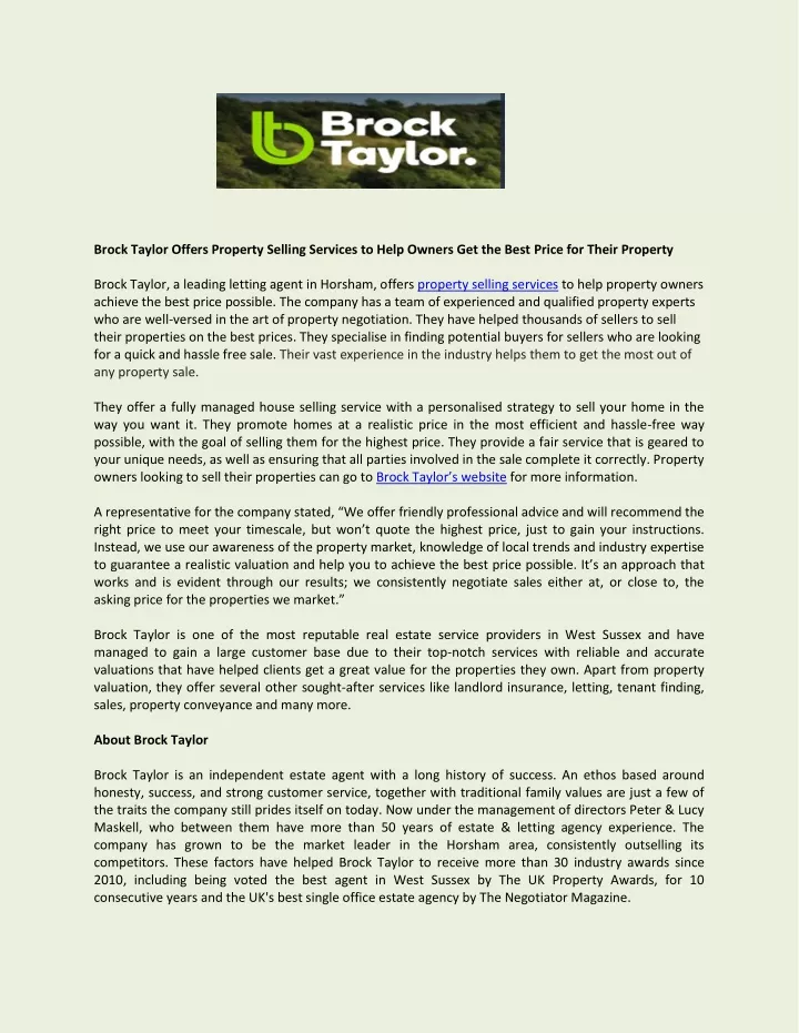brock taylor offers property selling services
