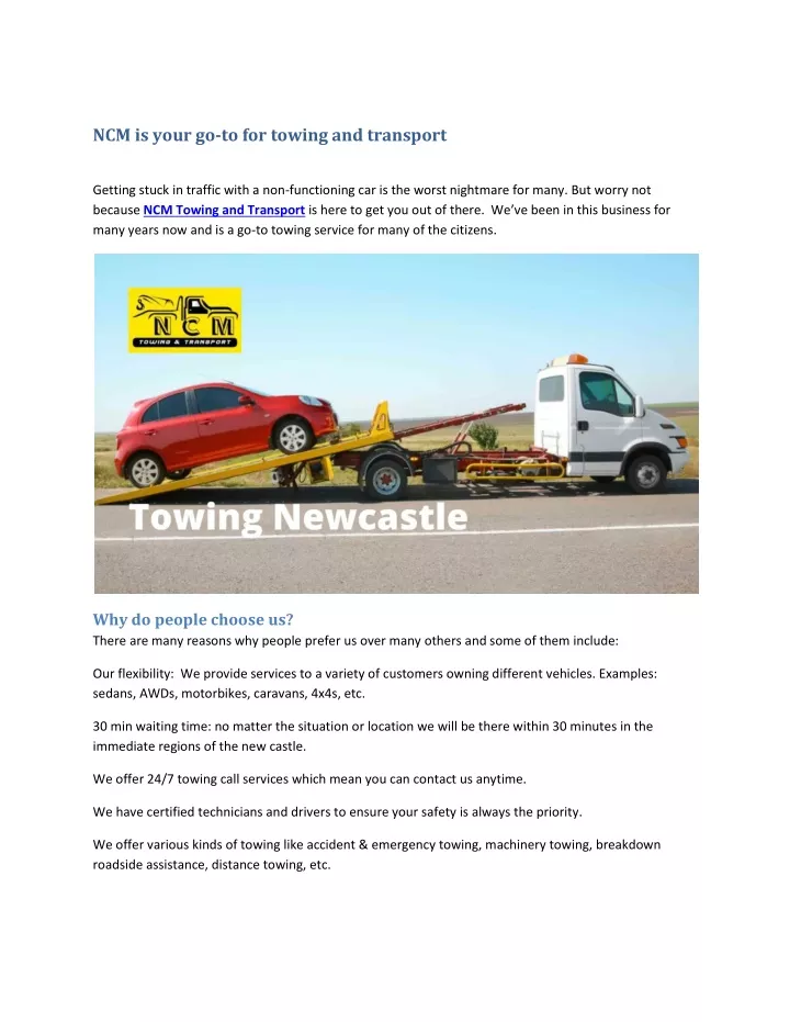 ncm is your go to for towing and transport
