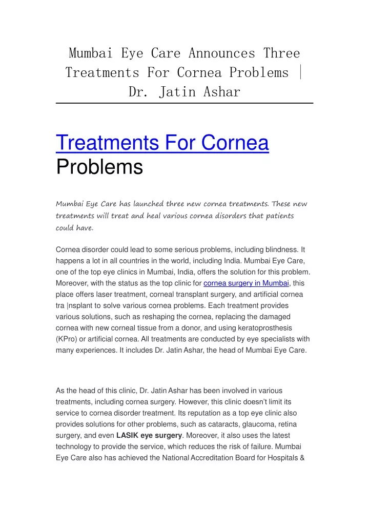 mumbai eye care announces three treatments for cornea problems dr jatin ashar