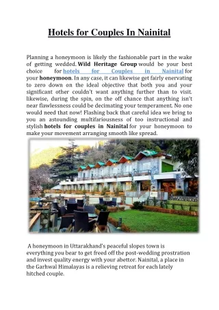 Hotels for Couples In Nainital