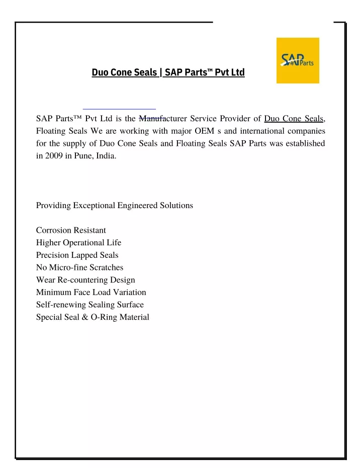 duo cone seals sap parts pvt ltd