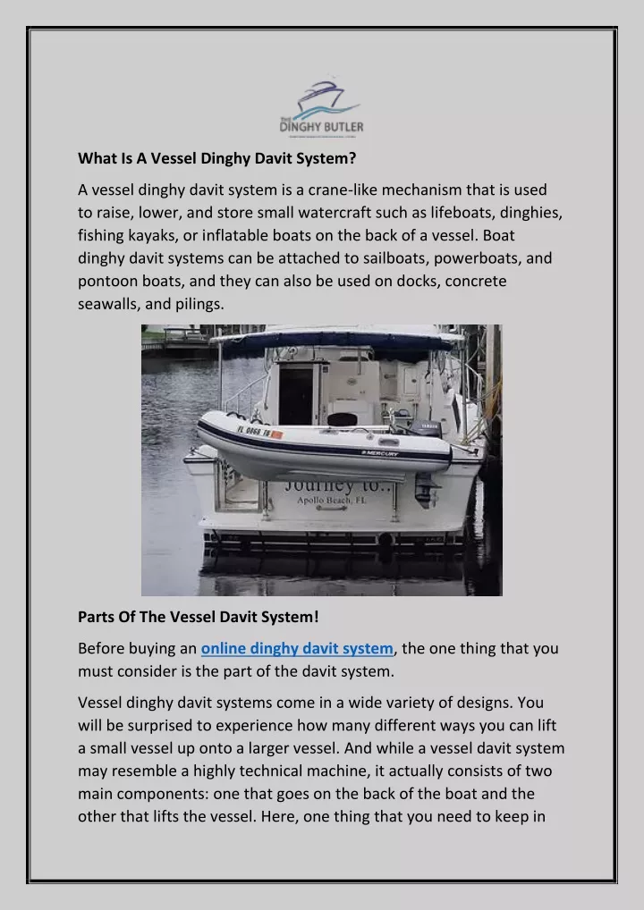 what is a vessel dinghy davit system