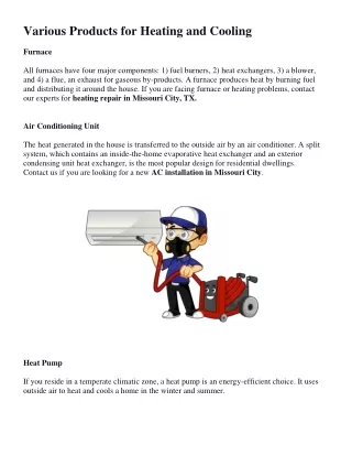 various products for heating and cooling furnace