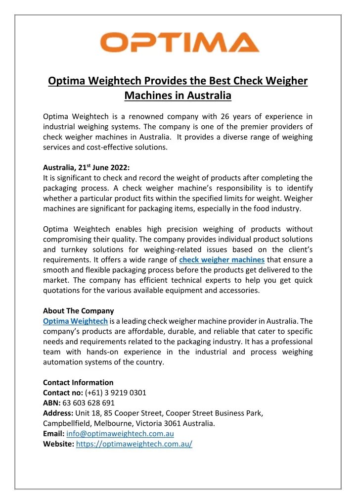optima weightech provides the best check weigher