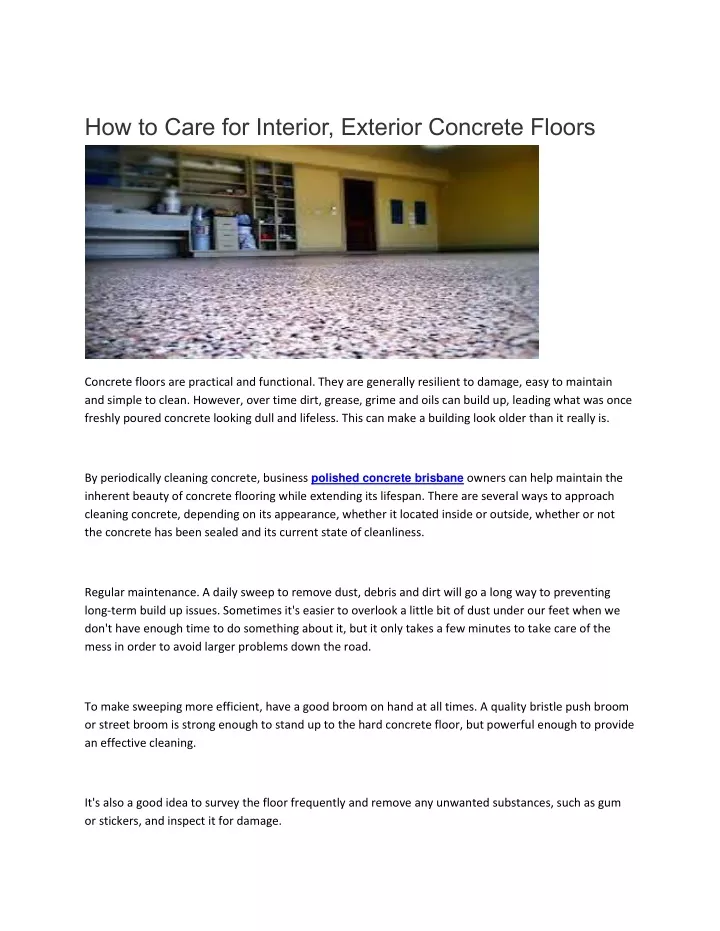 how to care for interior exterior concrete floors