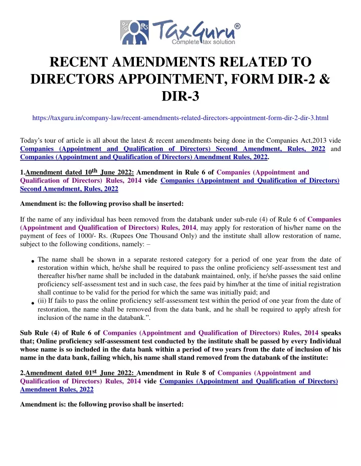 recent amendments related to directors appointment form dir 2 dir 3