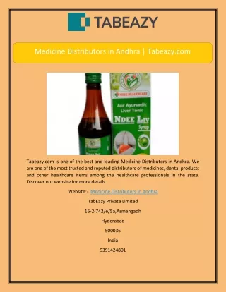Medicine Distributors in Andhra | Tabeazy.com