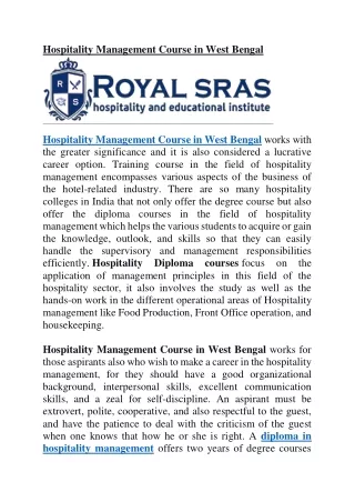 Hospitality Management Course in West Bengal