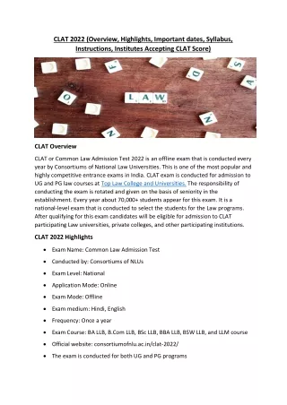 CLAT 2022 (Overview, Highlights, Important dates, Syllabus, Instructions).pdf