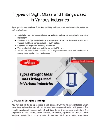 Ablaze Lining - Types of Sight Glass and Fittings used in Various Industries