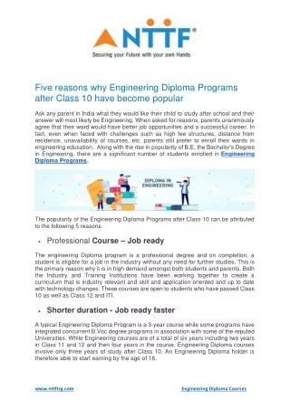 Five reasons why Engineering Diploma Programs after Class 10 have become popular