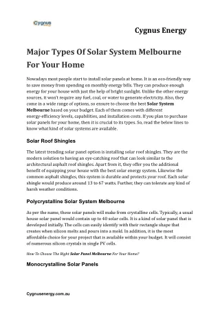 Major Types Of Solar System Melbourne For Your Home
