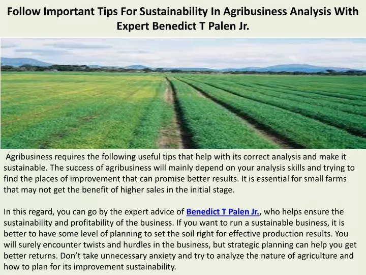 follow important tips for sustainability in agribusiness analysis with expert benedict t palen jr