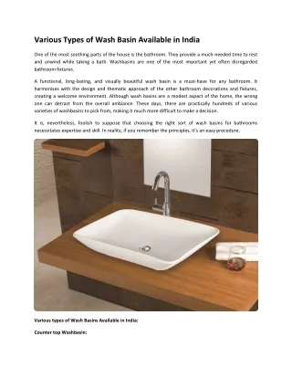 Various Types of Wash Basin Available in India
