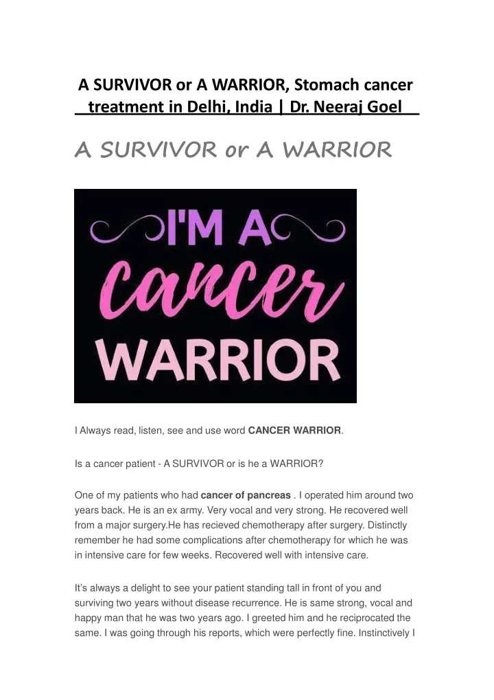 a survivor or a warrior stomach cancer treatment