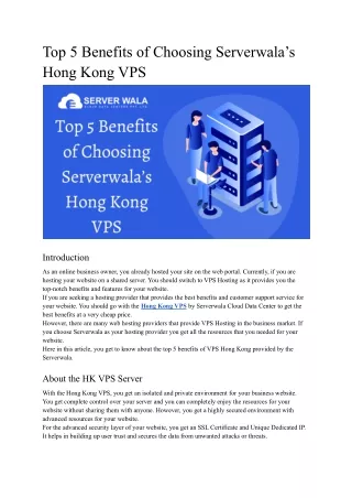 Top 5 Benefits of Choosing Serverwala’s Hong Kong VPS
