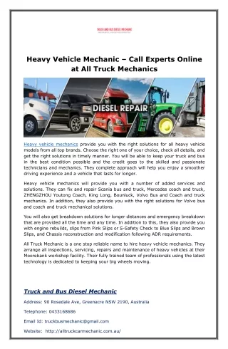 Heavy Vehicle Mechanic – Call Experts Online at All Truck Mechanics