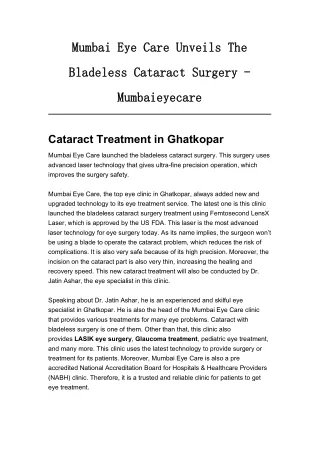 Mumbai Eye Care Unveils The Bladeless Cataract Surgery - Mumbaieyecare