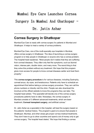 Mumbai Eye Care Launches Cornea Surgery In Mumbai And Ghatkopar - Dr. Jatin Ashar