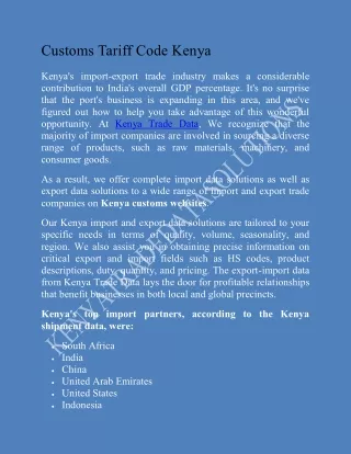 Customs Tariff Code Kenya