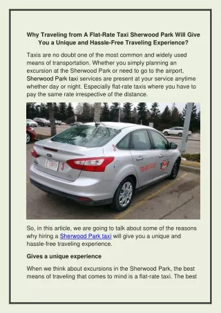 Why traveling from a flat-rate taxi Sherwood Park will give you a unique and hassle-free traveling experience