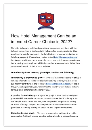 How Hotel Management Can be an intended Career Choice in 2022